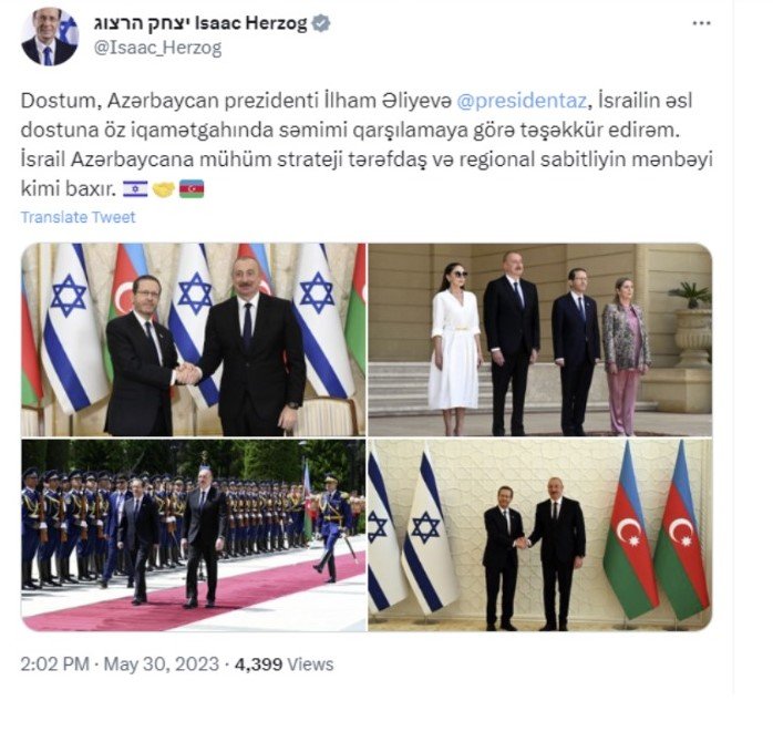 İsrail Prezidentindən Azərbaycan dilində paylaşım - Foto