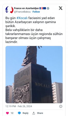 Azərbaycan xalqının kədərinə şərikik - Fransa səfiri