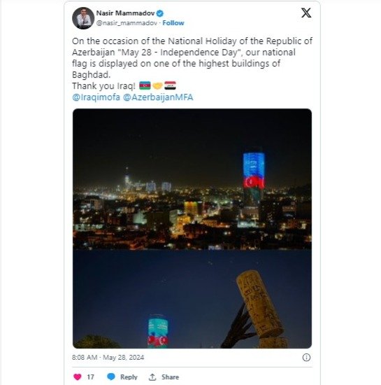 Bağdaddakı ən hündür binalardan birində Azərbaycan bayrağı əks olunub